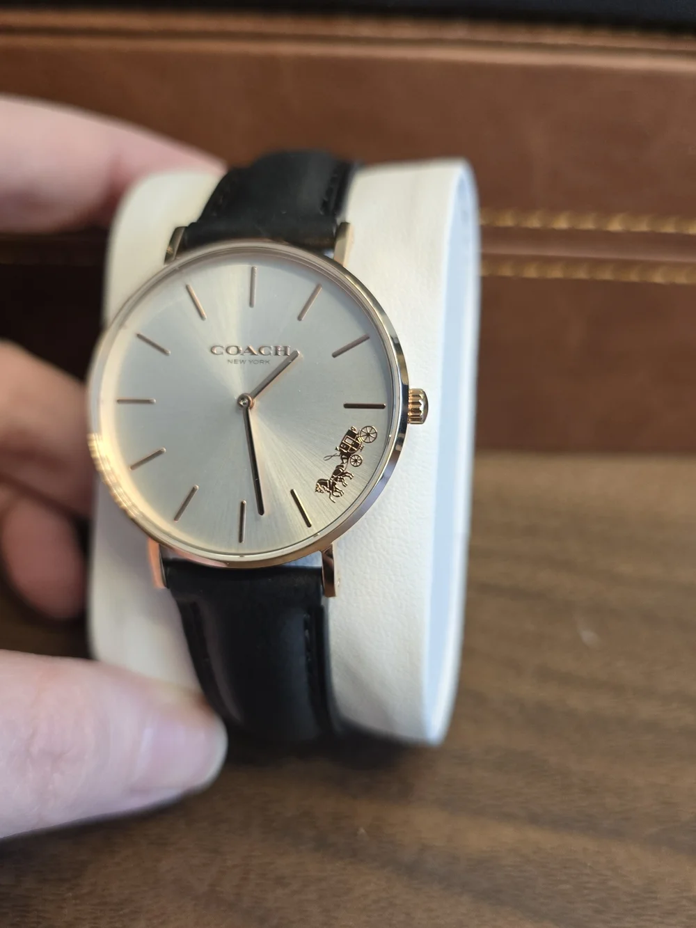 COACH Womens Classic Rose Gold Case Watch with Black Leather Strap